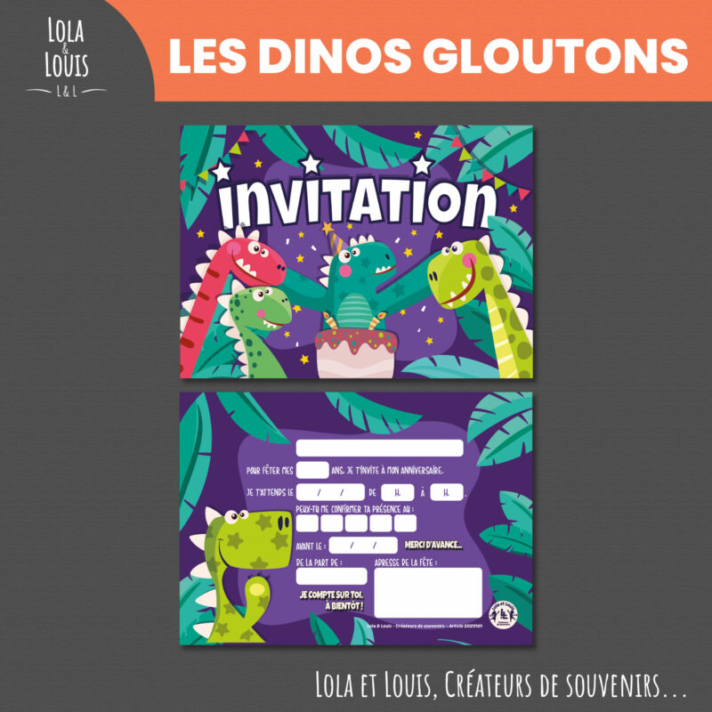 Kit invitation anniversaire dinosaure pour enfant – 8 cartes avec enveloppes blanches – design coloré Lola & Louis®