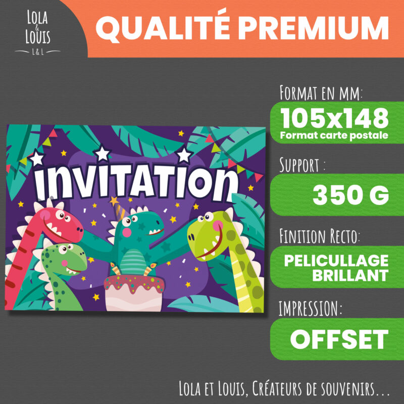 Kit invitation anniversaire dinosaure pour enfant – 8 cartes avec enveloppes blanches – design coloré Lola & Louis®