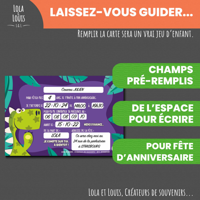 Kit invitation anniversaire dinosaure pour enfant – 8 cartes avec enveloppes blanches – design coloré Lola & Louis®