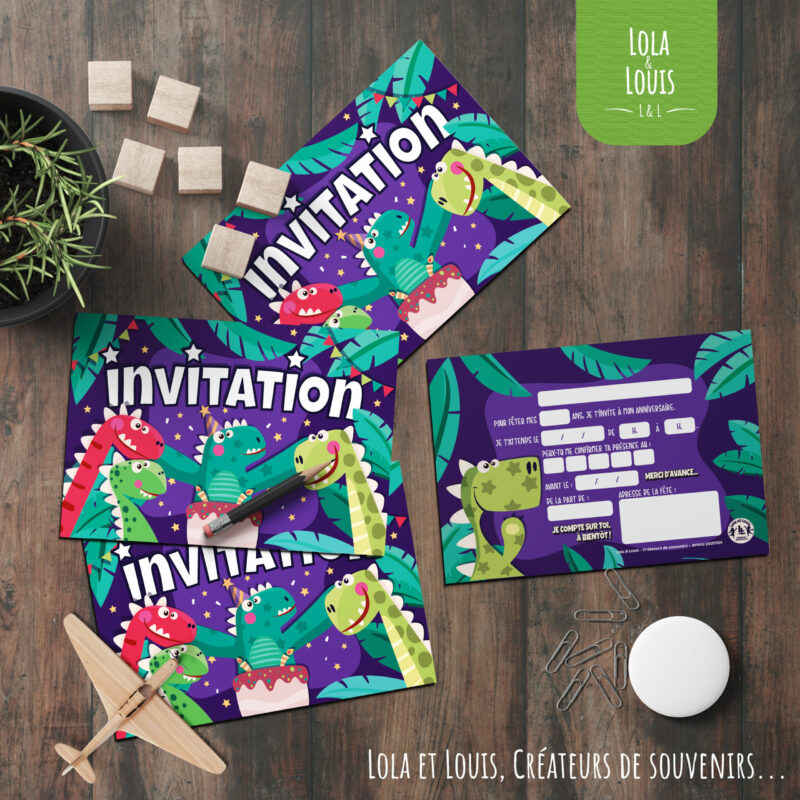 Kit invitation anniversaire dinosaure pour enfant – 8 cartes avec enveloppes blanches – design coloré Lola & Louis®