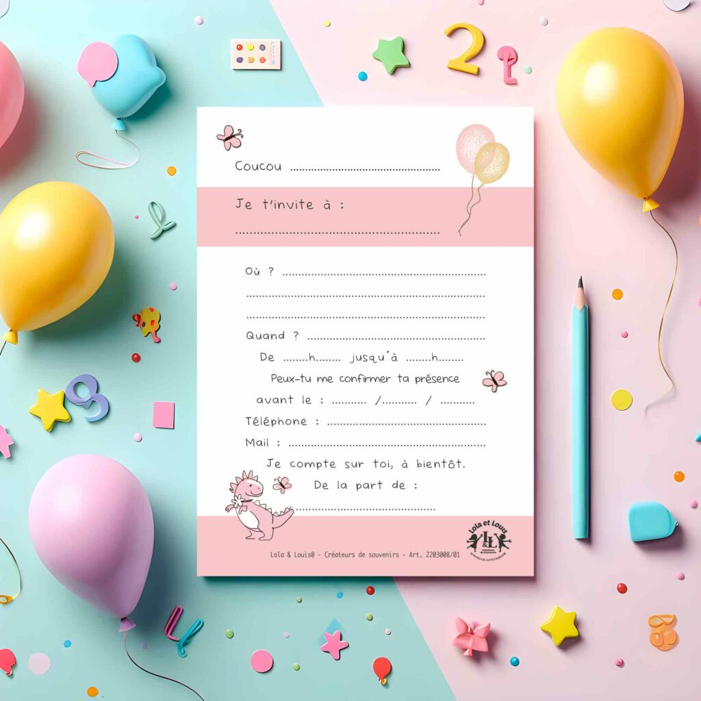 Cartes d’invitation pour enfants Verso avec champs à remplir