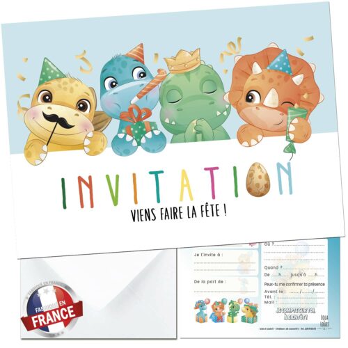 Invitation anniversaire dinosaure enfant – 8 cartes et enveloppes – Lola & Louis