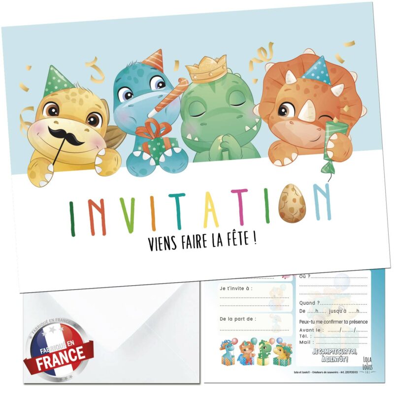 Invitation anniversaire dinosaure enfant – 8 cartes et enveloppes – Lola & Louis