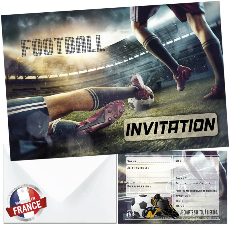 Carte invitation football garçon – 8 cartes et enveloppes – Lola & Louis