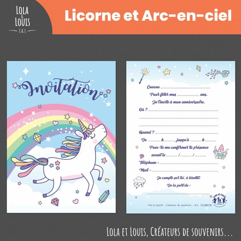 invitation anniversaire fille licorne arc en ciel