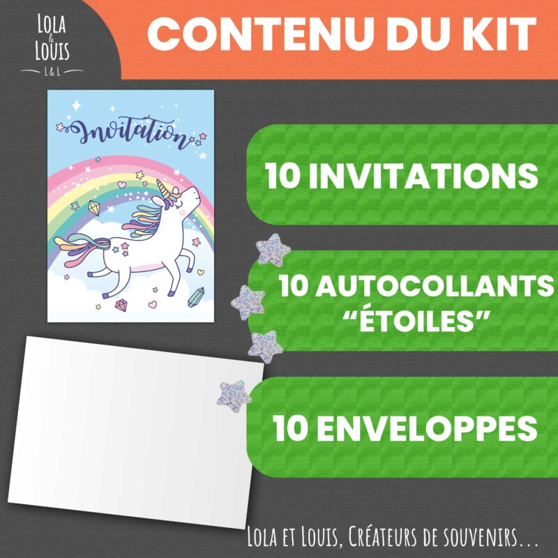 invitation anniversaire fille licorne arc en ciel - contenu du kit