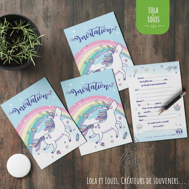 invitation anniversaire fille licorne arc en ciel