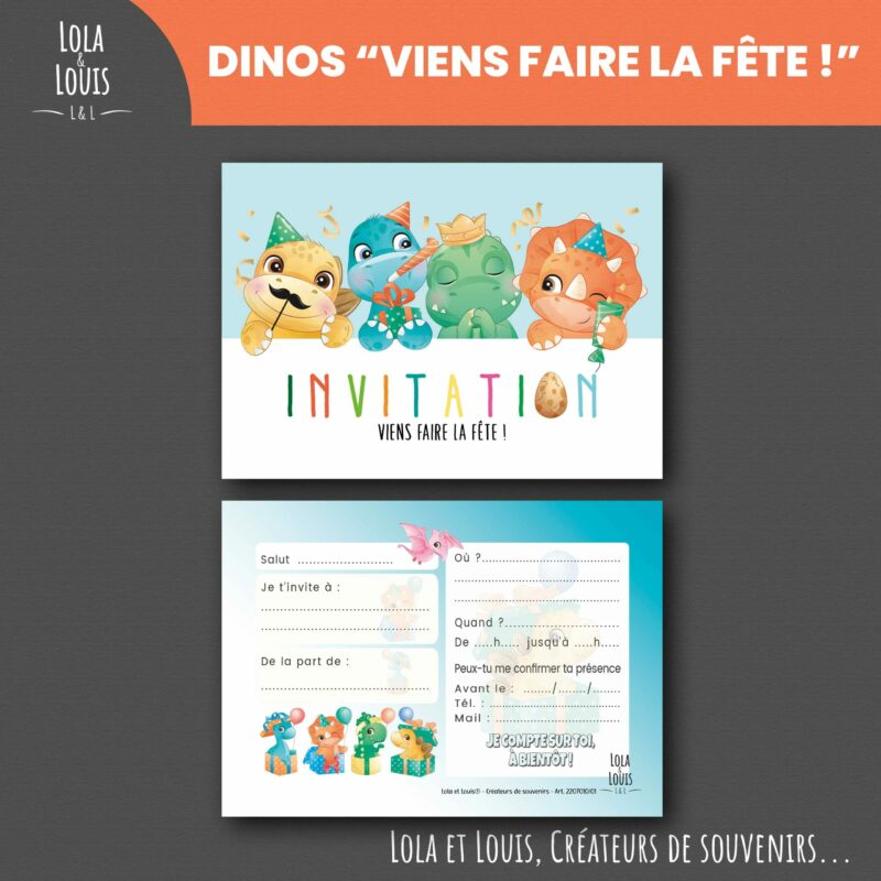 Invitation anniversaire dinosaure enfant – 8 cartes et enveloppes – Lola & Louis - Recto Verso