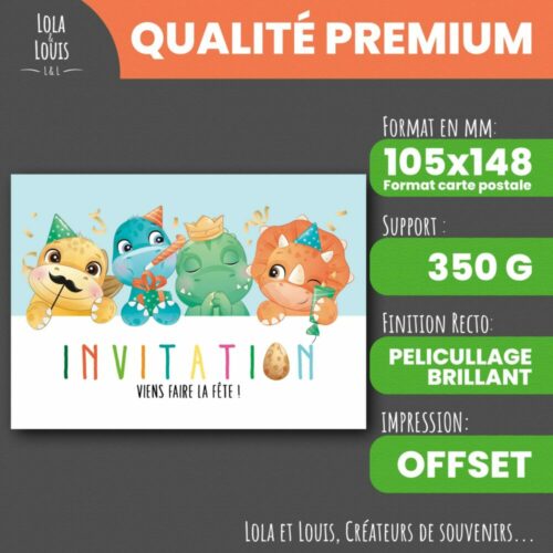 Invitation anniversaire dinosaure enfant – 8 cartes et enveloppes – Lola & Louis - Recto