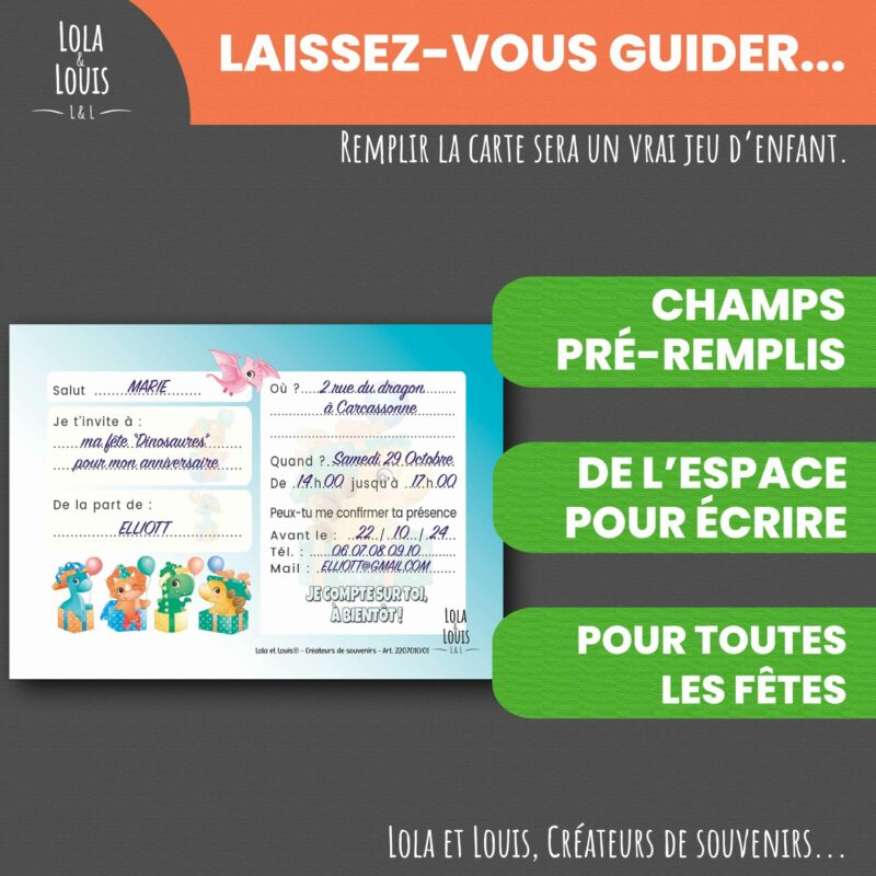 Invitation anniversaire dinosaure enfant – 8 cartes et enveloppes – Lola & Louis - Verso
