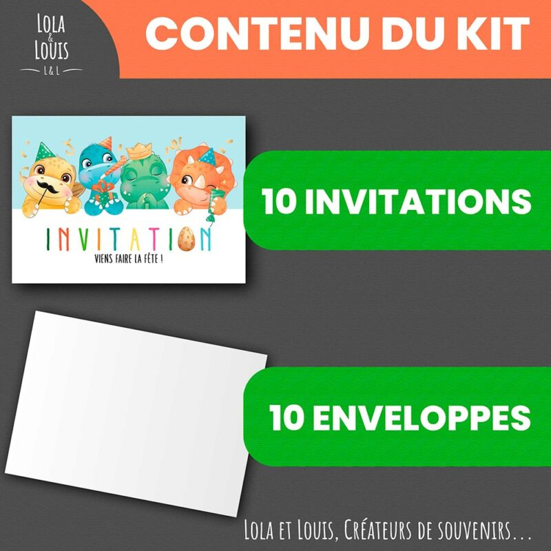Invitation anniversaire dinosaure enfant – 8 cartes et enveloppes – Lola & Louis - Contenu du kit