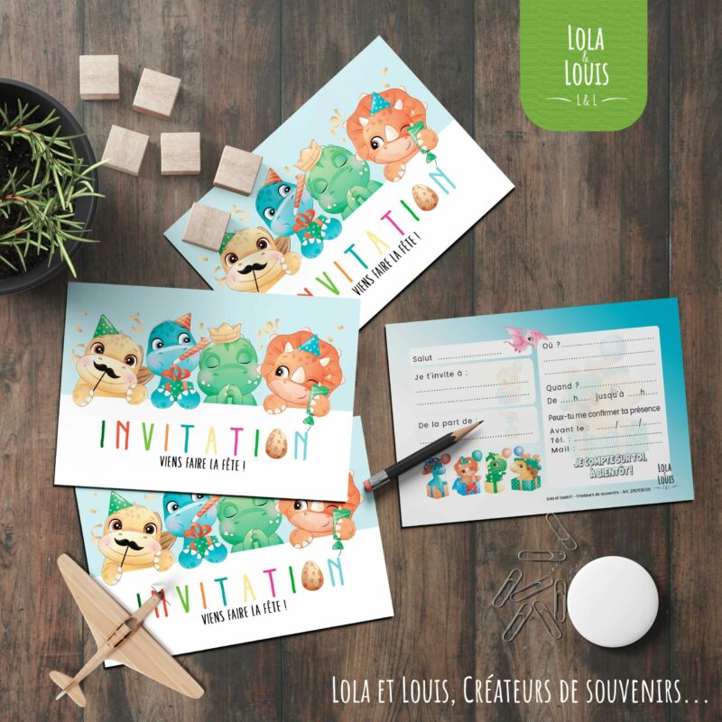 Invitation anniversaire dinosaure enfant – 8 cartes et enveloppes – Lola & Louis