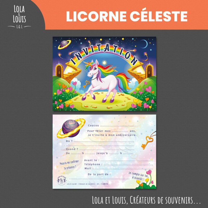 Carte invitation licorne fille La Licorne Céleste – 8 cartes et enveloppes – Lola & Louis - Recto Verso