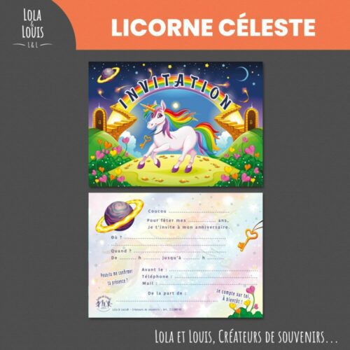 Carte invitation licorne fille La Licorne Céleste – 8 cartes et enveloppes – Lola & Louis - Recto Verso
