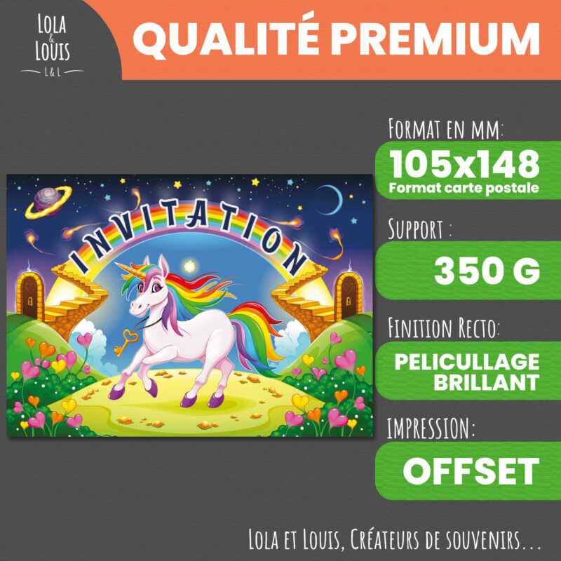 Carte invitation licorne fille La Licorne Céleste – 8 cartes et enveloppes – Lola & Louis - Recto