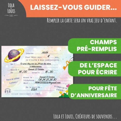 Carte invitation licorne fille La Licorne Céleste – 8 cartes et enveloppes – Lola & Louis - Verso