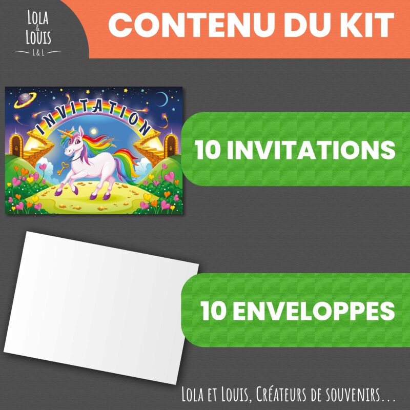 Carte invitation licorne fille La Licorne Céleste – 8 cartes et enveloppes – Lola & Louis - Contenu du kit