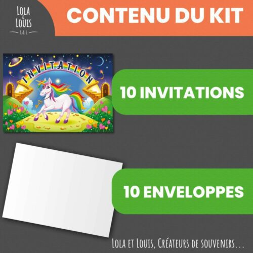 Carte invitation licorne fille La Licorne Céleste – 8 cartes et enveloppes – Lola & Louis - Contenu du kit