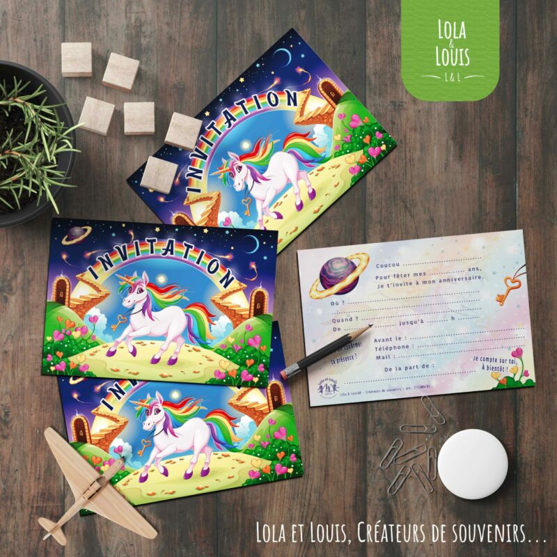 Carte invitation licorne fille La Licorne Céleste – 8 cartes et enveloppes – Lola & Louis