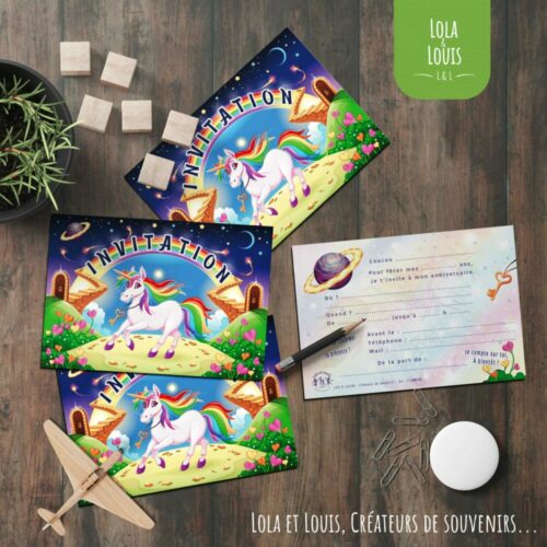 Carte invitation licorne fille La Licorne Céleste – 8 cartes et enveloppes – Lola & Louis
