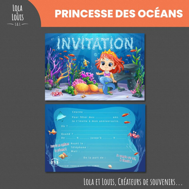 Carte invitation anniversaire sirène princesse océan – 8 cartes et enveloppes – Lola & Louis - Recto Verso