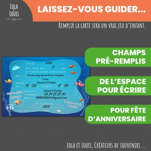 Carte invitation anniversaire sirène princesse océan – 8 cartes et enveloppes – Lola & Louis - Verso