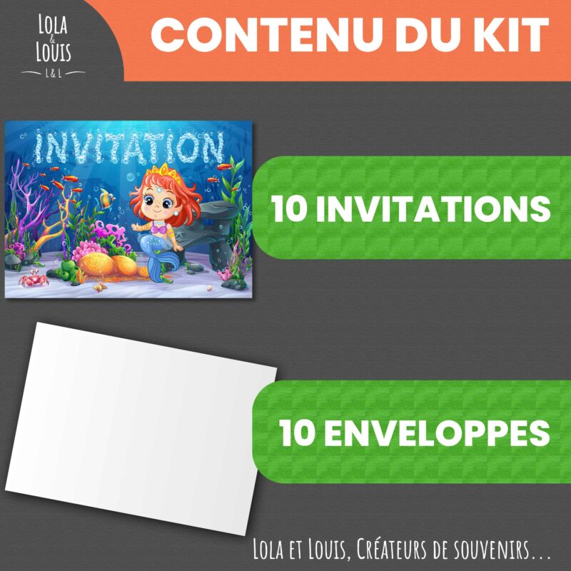 Carte invitation anniversaire sirène princesse océan – 8 cartes et enveloppes – Lola & Louis - Contenu du kit