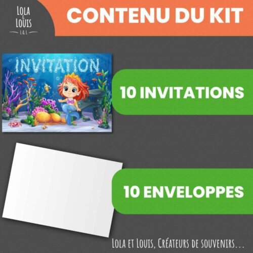 Carte invitation anniversaire sirène princesse océan – 8 cartes et enveloppes – Lola & Louis - Contenu du kit