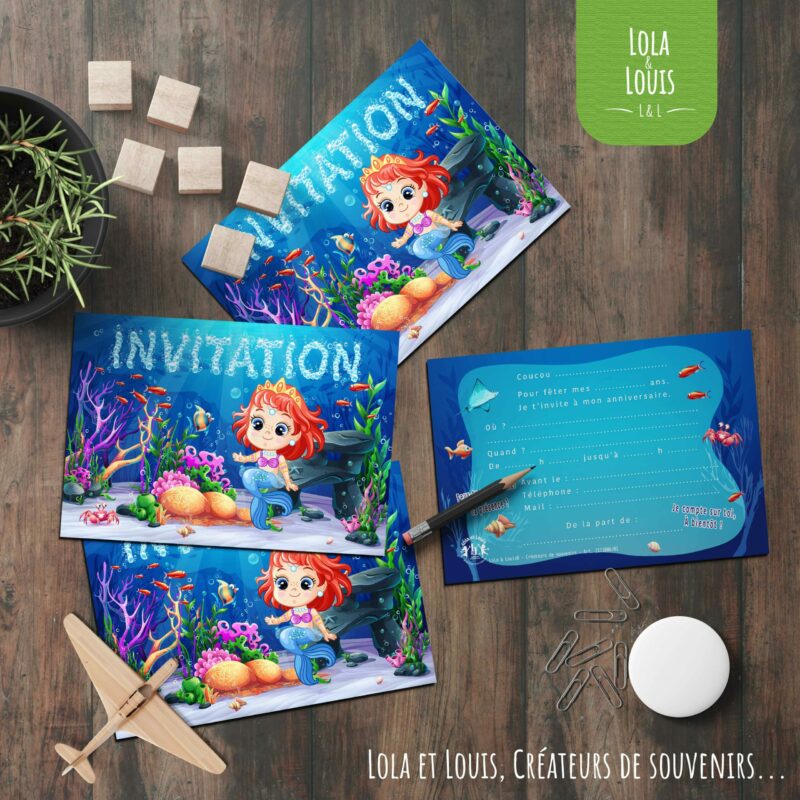 Carte invitation anniversaire sirène princesse océan – 8 cartes et enveloppes – Lola & Louis