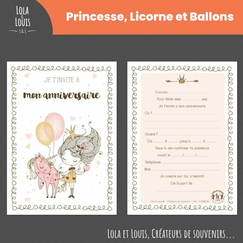 Invitation anniversaire fille thème licorne et princesse – 8 cartes et enveloppes – Lola & Louis - Recto Verso