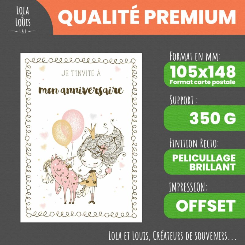 Invitation anniversaire fille thème licorne et princesse – 8 cartes et enveloppes – Lola & Louis - Recto