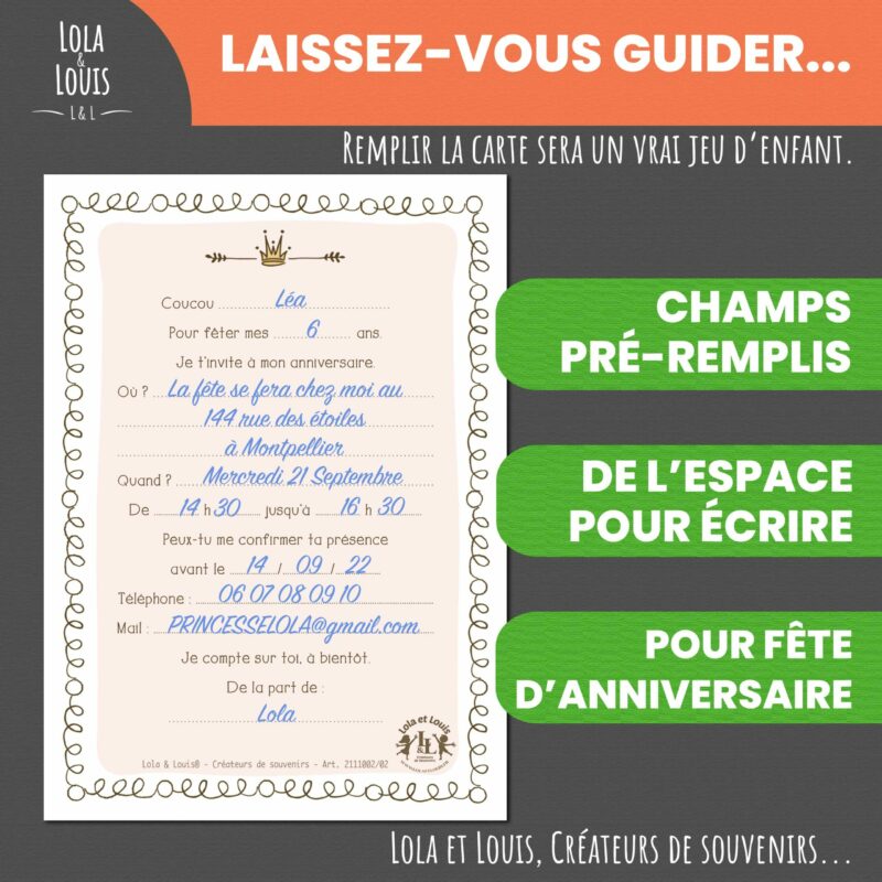 Invitation anniversaire fille thème licorne et princesse – 8 cartes et enveloppes – Lola & Louis - Verso