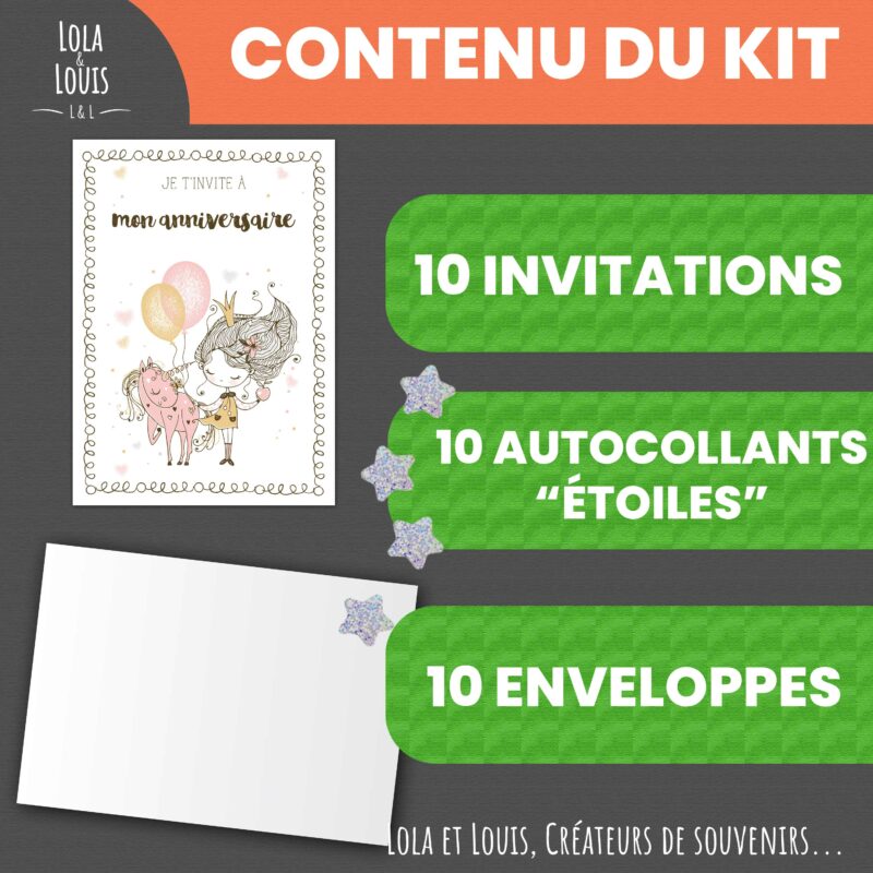Invitation anniversaire fille thème licorne et princesse – 8 cartes et enveloppes – Lola & Louis - Contenu du kit