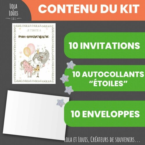 Invitation anniversaire fille thème licorne et princesse – 8 cartes et enveloppes – Lola & Louis - Contenu du kit