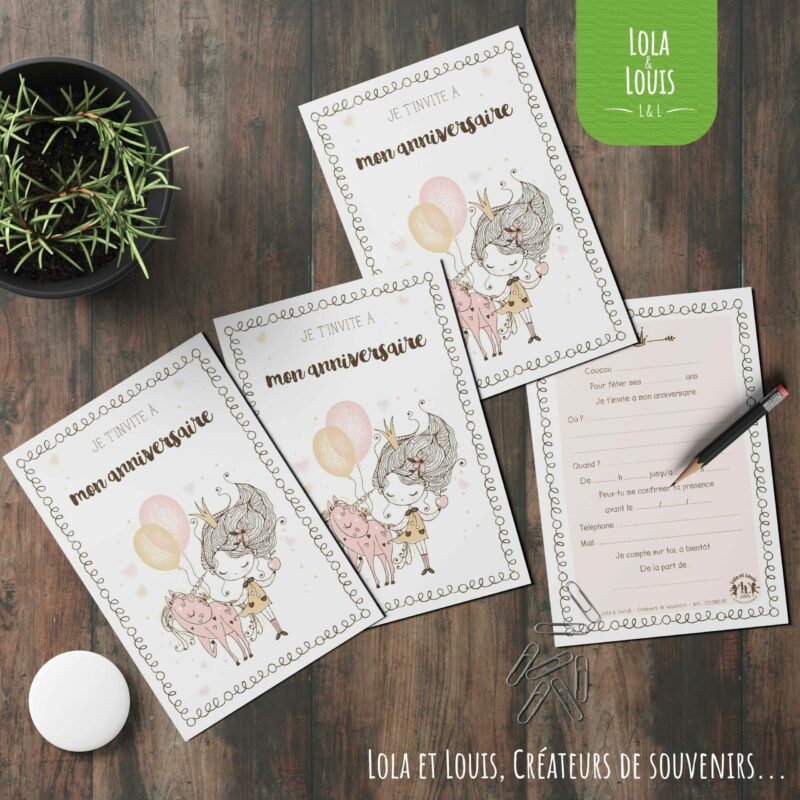 Invitation anniversaire fille thème licorne et princesse – 8 cartes et enveloppes – Lola & Louis