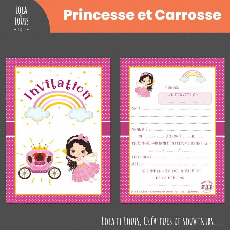Invitation anniversaire fille princesse arc-en-ciel – 8 cartes et enveloppes – Lola & Louis - Recto Verso