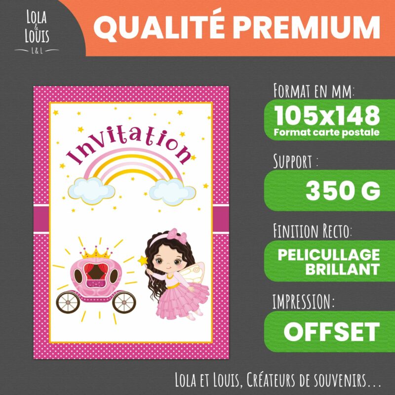Invitation anniversaire fille princesse arc-en-ciel – 8 cartes et enveloppes – Lola & Louis - Recto