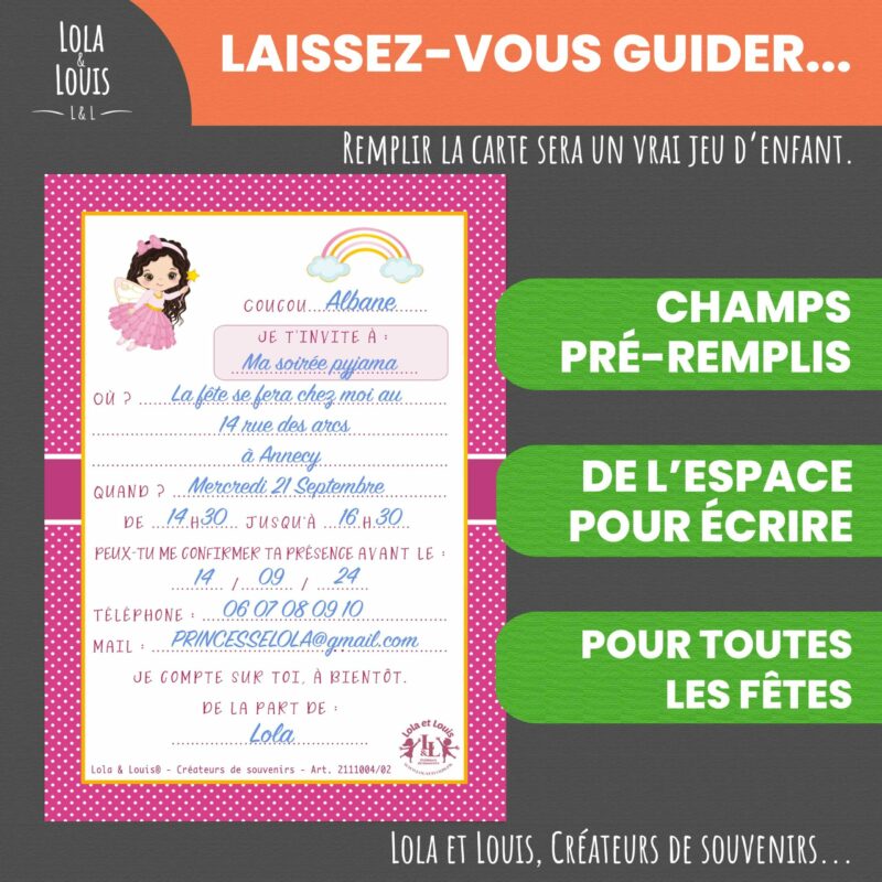 Invitation anniversaire fille princesse arc-en-ciel – 8 cartes et enveloppes – Lola & Louis - Verso