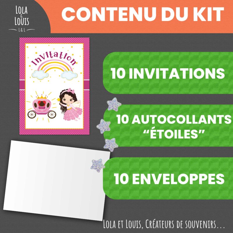Invitation anniversaire fille princesse arc-en-ciel – 8 cartes et enveloppes – Lola & Louis - Contenu du kit