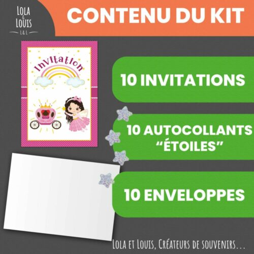 Invitation anniversaire fille princesse arc-en-ciel – 8 cartes et enveloppes – Lola & Louis - Contenu du kit