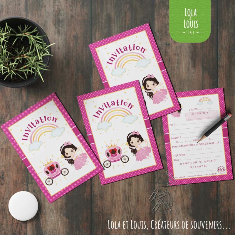 Invitation anniversaire fille princesse arc-en-ciel – 8 cartes et enveloppes – Lola & Louis