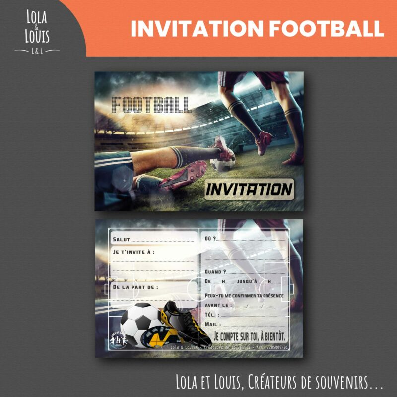 Carte invitation football garçon – 8 cartes et enveloppes – Lola & Louis - Recto Verso