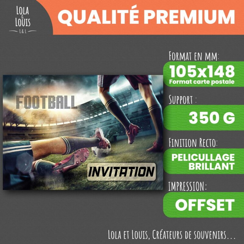 Carte invitation football garçon – 8 cartes et enveloppes – Lola & Louis - Recto
