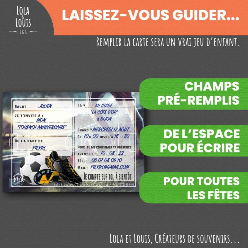 Carte invitation football garçon – 8 cartes et enveloppes – Lola & Louis - Verso
