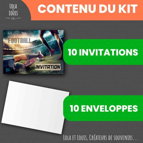 Carte invitation football garçon – 8 cartes et enveloppes – Lola & Louis - Contenu du kit