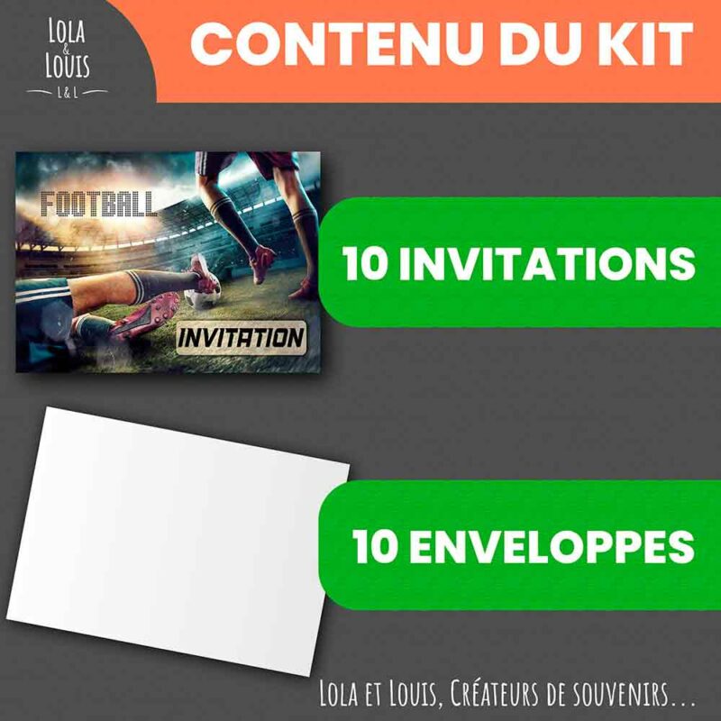 Carte invitation football garçon – 8 cartes et enveloppes – Lola & Louis - Contenu du kit