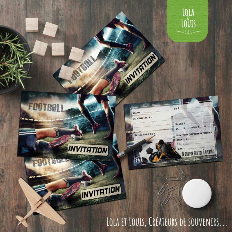 Carte invitation football garçon – 8 cartes et enveloppes – Lola & Louis
