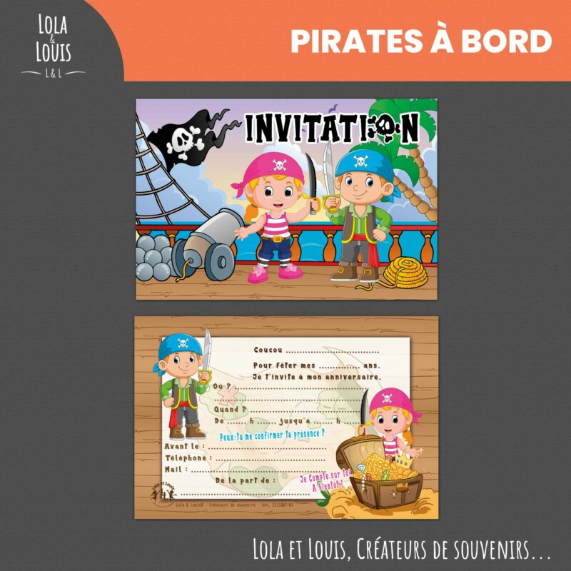 Invitation anniversaire pirate garçon – 8 cartes et enveloppes – Lola & Louis - Recto Verso