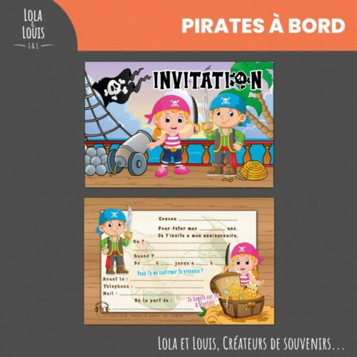 Invitation anniversaire pirate garçon – 8 cartes et enveloppes – Lola & Louis - Recto Verso