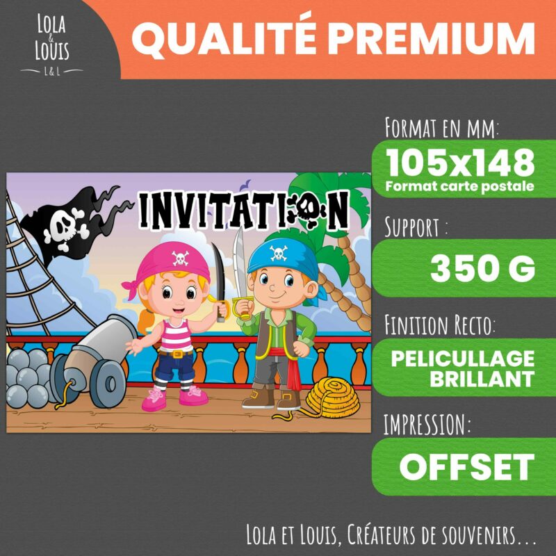 Invitation anniversaire pirate garçon – 8 cartes et enveloppes – Lola & Louis - Recto